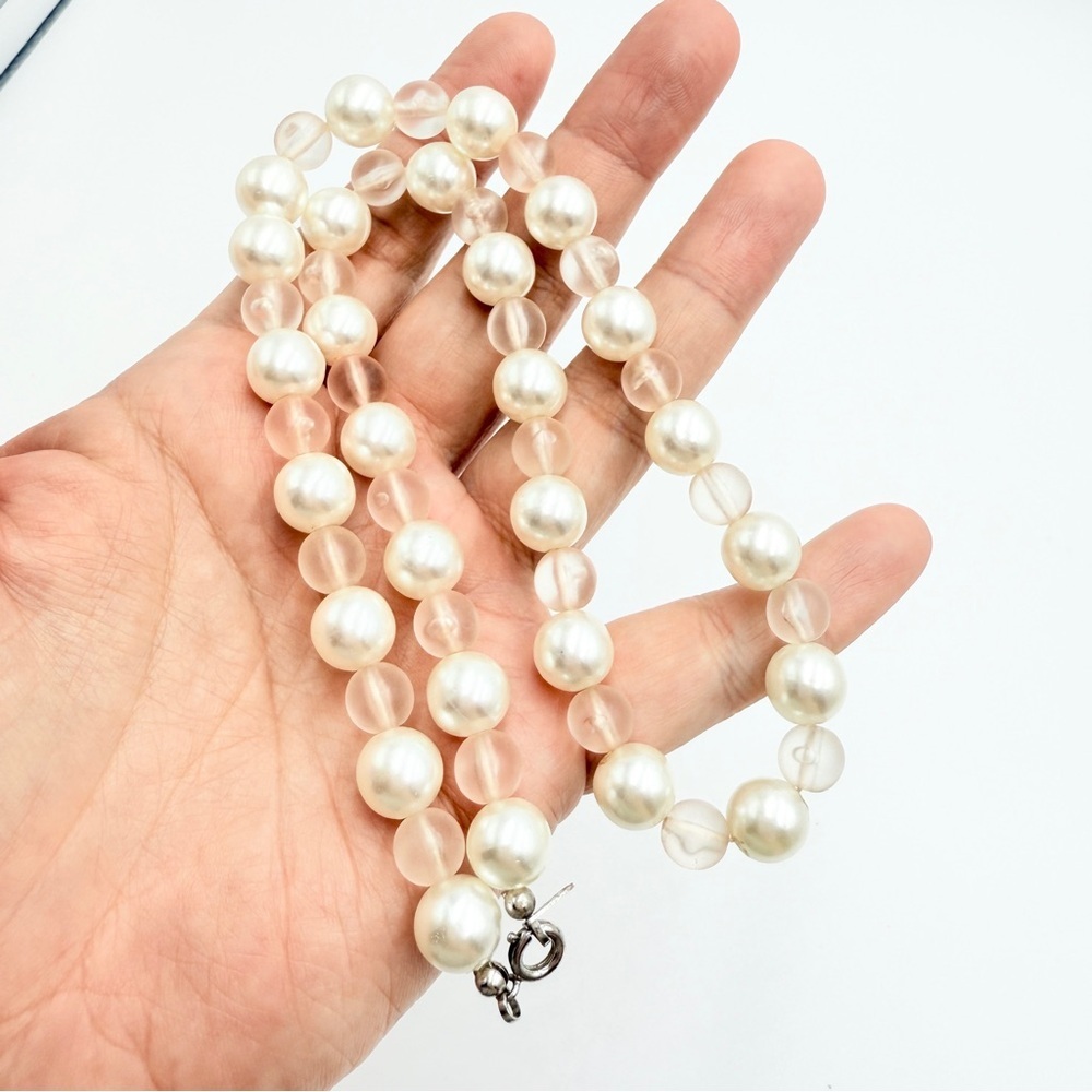 Vintage Japan Faux Pearl Necklace with Clear Crystal Beads – Signed